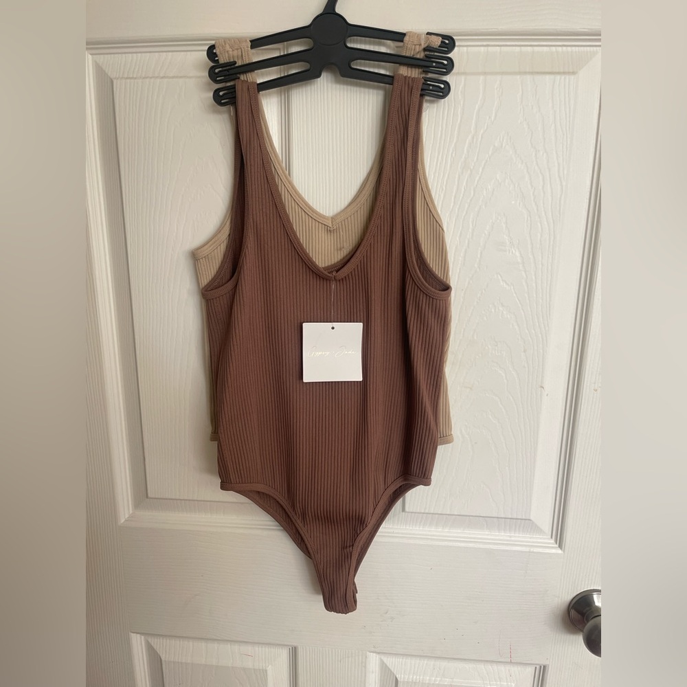 Brown and Tan Ribbed Bodysuit